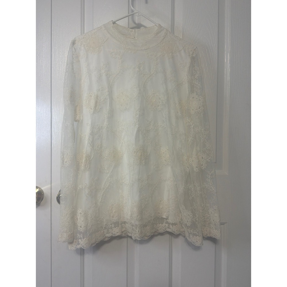 Chicos White Floral Embroidered Lace Mock Neck Blouse Top Size 3 XL